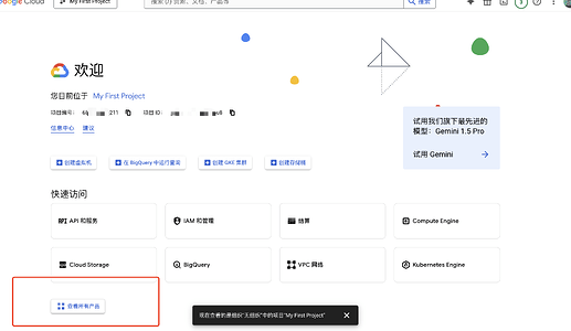 这是Google Cloud平台的欢迎页面，显示了项目“My First Project”的信息和快速访问选项。 (由 AI 生成标题)