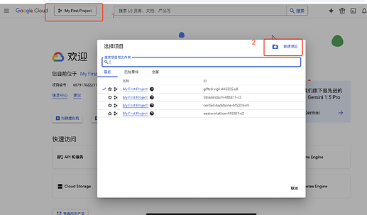 此图片显示了Google Cloud界面上的一个项目选择弹窗，其中列出了多个名为"My First Project"的项目。 (由 AI 生成标题)