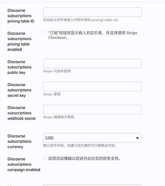 这是一个Discourse订阅设置页面，用户可以在其中配置Stripe的密钥、定价表ID、货币以及其他选项，例如启用活动横幅。 (This is a Discourse subscription settings page where users can configure Stripe keys, pricing table ID, currency, and other options, such as enabling campaign banners.) (由 AI 生成标题)